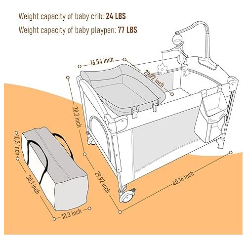  Jaoul 5 in 1 Baby Bassinet Bedside Sleeper Baby Crib, Portable Travel Bassinet for Baby Girl Boy, Pack and Play with Bassinet and Changing Table, Baby Playpen with Toys & Mattress for Infant Newborn