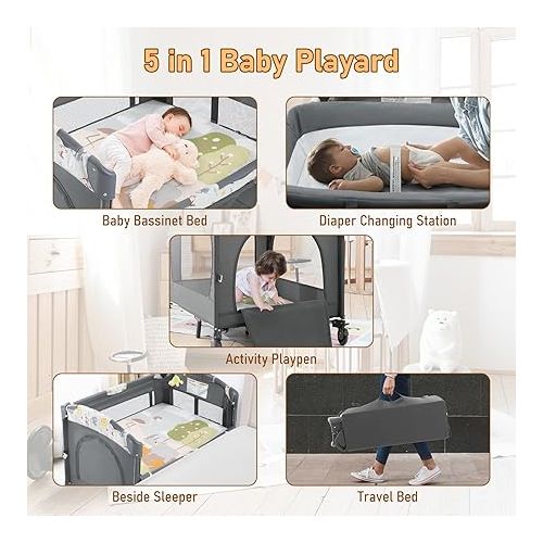  Jaoul 5 in 1 Baby Bassinet Bedside Sleeper Baby Crib, Portable Travel Bassinet for Baby Girl Boy, Pack and Play with Bassinet and Changing Table, Baby Playpen with Toys & Mattress for Infant Newborn