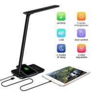 Jaroky LED Desk Lamp with Qi Wireless Charger Pad for Qi-Enabled Device, Dimmable Folding Bedside Table Lamp - 4 Lighting Modes, 5-Level Dimmer Touch - Sensitive Control (Black)