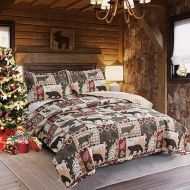 3 Piece Rustic Quilts Set Twin Size Bedspreads, Lightweight Lodge Quilt Bedding Sets Comforter with 2 Pillow Shams Patchwork Bear Themed Coverlet for All Season