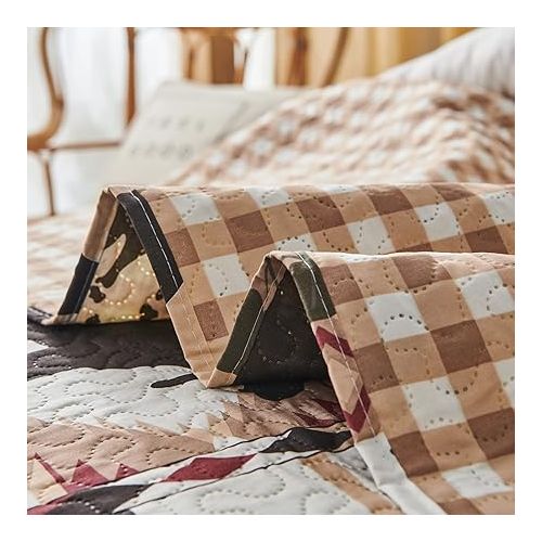  3 Piece Rustic Quilts Set Twin Size Bedspreads, Lightweight Lodge Quilt Bedding Sets Comforter with 2 Pillow Shams Patchwork Bear Themed Coverlet for All Season