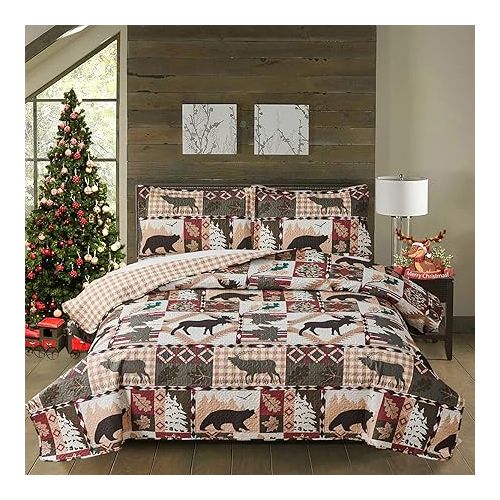  3 Piece Rustic Quilts Set Twin Size Bedspreads, Lightweight Lodge Quilt Bedding Sets Comforter with 2 Pillow Shams Patchwork Bear Themed Coverlet for All Season