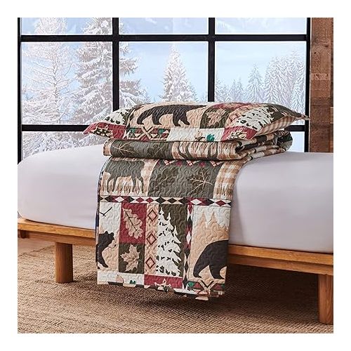  3 Piece Rustic Quilts Set Twin Size Bedspreads, Lightweight Lodge Quilt Bedding Sets Comforter with 2 Pillow Shams Patchwork Bear Themed Coverlet for All Season