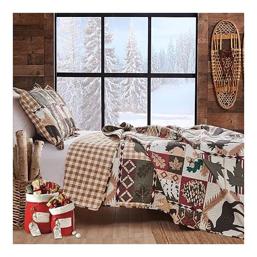  3 Piece Rustic Quilts Set Twin Size Bedspreads, Lightweight Lodge Quilt Bedding Sets Comforter with 2 Pillow Shams Patchwork Bear Themed Coverlet for All Season