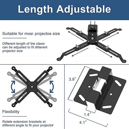  Jasipaa Projector Mount Wall or Ceiling Bracket with Adjustable Height and Extendable Arms Projection Mount for Different Size Projector(Black)