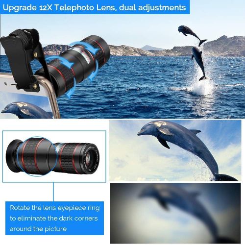  Phone Camera Lens Kit,Jaskin 5 in 1 Cell Phone Lens - 12X Zoom Telephoto Lens + 0.36X Wide Angle Lens + 180°Fisheye Lens + 15X Macro Lens(2pcs) Compatible with iPhone Android Smart