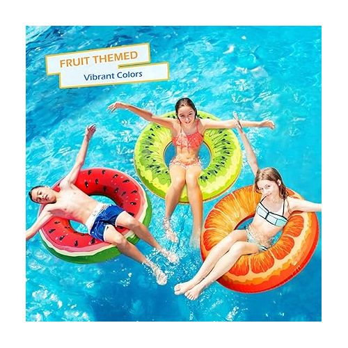  Jasonwell Inflatable Pool Floats Kids - 2 Pack Floaties Pool Tubes Swim Rings Fruit Water Floaty Watermelon Kiwi Inflatable Pool Toys Float for Swimming Pool Party Lake Beach Adults