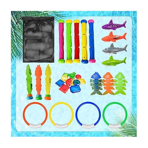  Jasonwell Pool Diving Toys Games - 25PCS Swimming Pool Toys with Dive Sticks and Rings Underwater Treasures Torpedo Bandits Fish Toys etc Fun Water Swim Toys for Boys Girls Adults Kids Teens