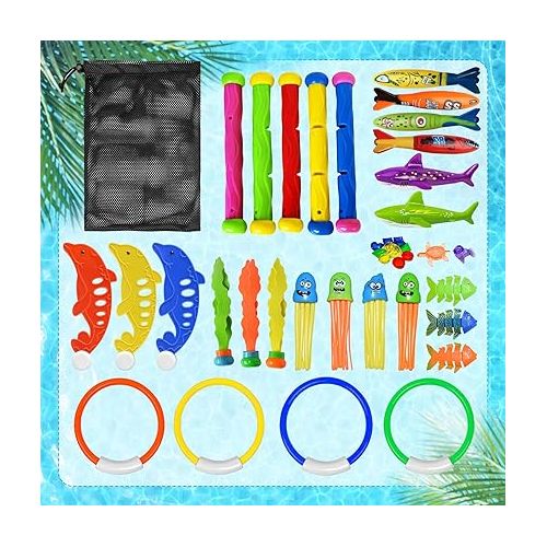  Jasonwell Pool Diving Toys Games - 42PCS Swimming Pool Toys with Dive Sticks and Rings Underwater Treasures Torpedo Bandits Fish Toys etc Fun Water Swim Toys for Boys Girls Adults Kids Teens