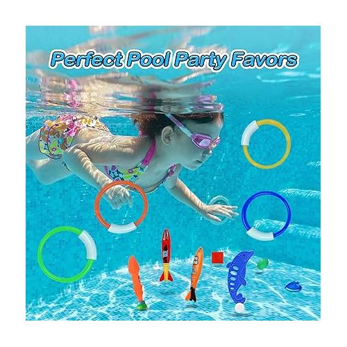  Jasonwell Pool Diving Toys Games - 42PCS Swimming Pool Toys with Dive Sticks and Rings Underwater Treasures Torpedo Bandits Fish Toys etc Fun Water Swim Toys for Boys Girls Adults Kids Teens