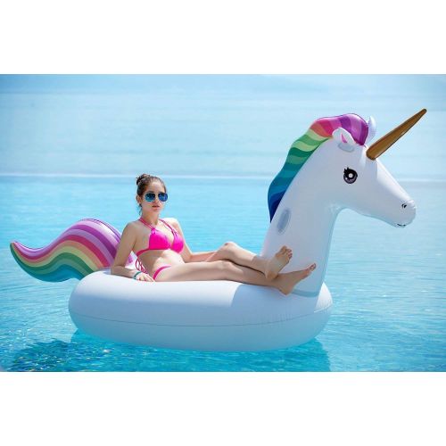  Jasonwell Giant Inflatable Unicorn Pool Float Floatie Ride On with Rapid Valves Large Rideable Blow Up Summer Beach Swimming Pool Party Lounge Raft Decorations Toys Kids Adults