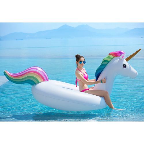  Jasonwell Giant Inflatable Unicorn Pool Float Floatie Ride On with Rapid Valves Large Rideable Blow Up Summer Beach Swimming Pool Party Lounge Raft Decorations Toys Kids Adults