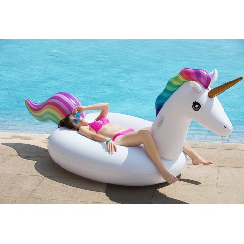  Jasonwell Giant Inflatable Unicorn Pool Float Floatie Ride On with Rapid Valves Large Rideable Blow Up Summer Beach Swimming Pool Party Lounge Raft Decorations Toys Kids Adults