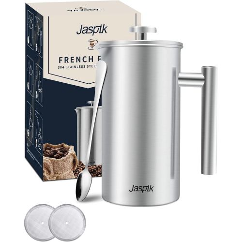  Jaspik French Press Portable Coffee Maker - 4 Level Filtration System, 34 Oz 304 Stainless Steel Coffee Press, Tea Maker, No Coffee Grounds, with 2 Extra Screens & Spoon, Rust-Free, Dishw