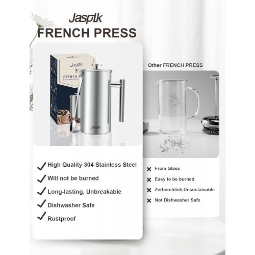  Jaspik French Press Portable Coffee Maker - 4 Level Filtration System, 34 Oz 304 Stainless Steel Coffee Press, Tea Maker, No Coffee Grounds, with 2 Extra Screens & Spoon, Rust-Free, Dishw