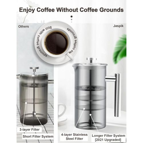  Jaspik French Press Portable Coffee Maker - 4 Level Filtration System, 34 Oz 304 Stainless Steel Coffee Press, Tea Maker, No Coffee Grounds, with 2 Extra Screens & Spoon, Rust-Free, Dishw