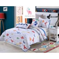 Jax & Olivia Cozy Reversible Dinosaur Quilt Set - White Quilt and Colorful Dinosaurs Navy Blue, Red, Green - Full Size Bedding Quilt Set - Reversible Blue and White Dinosaurs & 2 P
