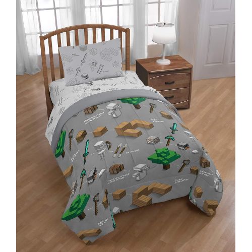  Jay Franco Minecraft Survive 4 Piece Twin Bed Set - Includes Reversible Comforter & Sheet Set - Super Soft Fade Resistant Polyester - (Official Minecraft Product)