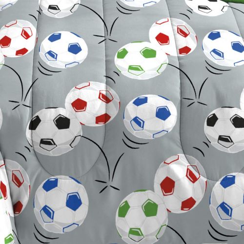  Jay 7pc Boys Color Soccer Balls Comforter Sheet Full Set, Geometric Lattice Design Kids Bedding Adorable Sports Themed Teen, Grey Red Black Green Football Pattern, Polyester