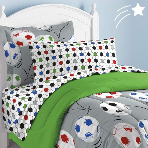  Jay 7pc Boys Color Soccer Balls Comforter Sheet Full Set, Geometric Lattice Design Kids Bedding Adorable Sports Themed Teen, Grey Red Black Green Football Pattern, Polyester