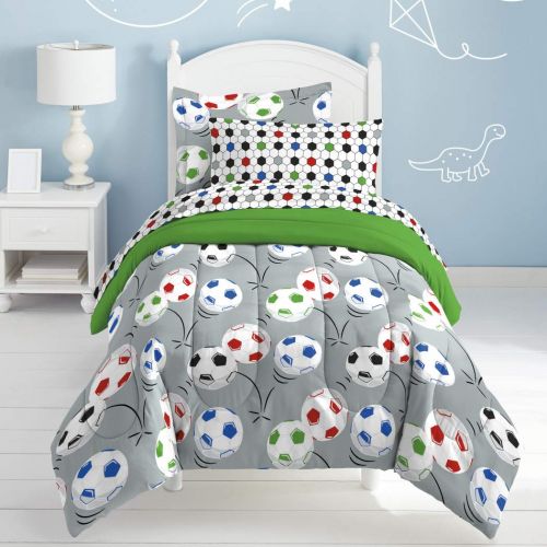  Jay 7pc Boys Color Soccer Balls Comforter Sheet Full Set, Geometric Lattice Design Kids Bedding Adorable Sports Themed Teen, Grey Red Black Green Football Pattern, Polyester