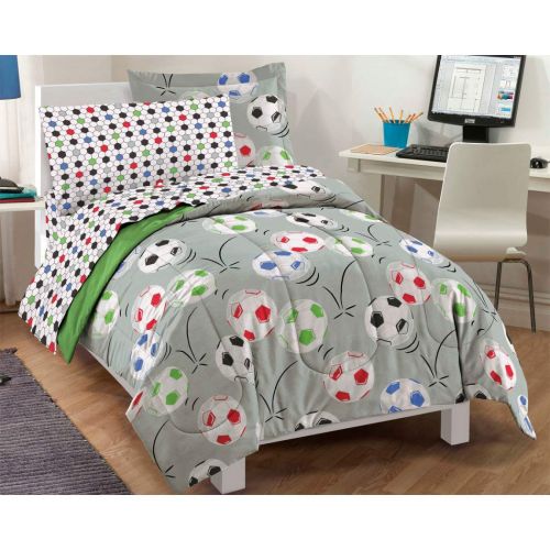  Jay 7pc Boys Color Soccer Balls Comforter Sheet Full Set, Geometric Lattice Design Kids Bedding Adorable Sports Themed Teen, Grey Red Black Green Football Pattern, Polyester