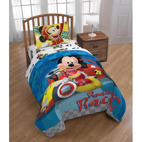  Jay Franco Disney Mickey Mouse Club House Racers Twin Comforter - Super Soft Kids Reversible Bedding Features Mickey Mouse - Fade Resistant Polyester Microfiber Fill (Official Disn