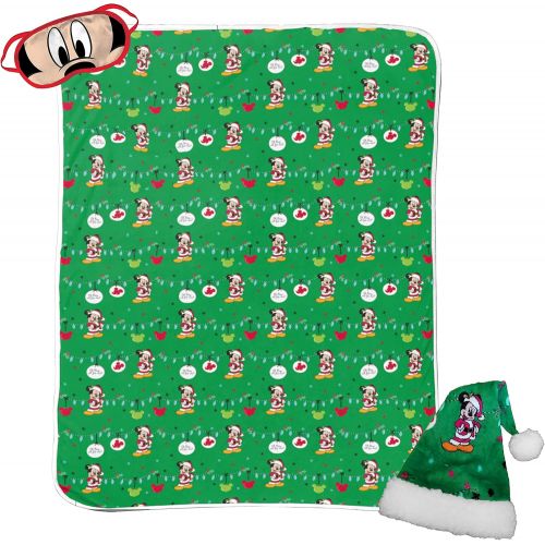  Jay Franco Disney Mickey Mouse 3 Piece Holiday Set - Kids Christmas Bedding, Super Soft Sherpa Throw Blanket & Eye Mask with Bonus Santa Hat (Official Disney Product)