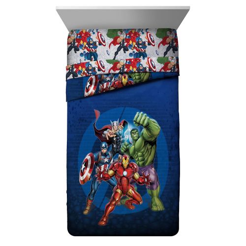  Jay Franco Marvel Avengers Blue Circle Twin/Full Comforter - Super Soft Kids Reversible Bedding features Iron Man, Hulk, Captain America, and Thor - Fade Resistant Polyester Fill (Official Ma