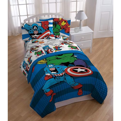  Jay Franco Comics Good Guys 4 Piece Full Sheet Set-Features Captain America, Hulk, Iron Man, Spiderman, and Thor-Fade Resistant Polyester Microfiber Fill (Official Marvel Product),