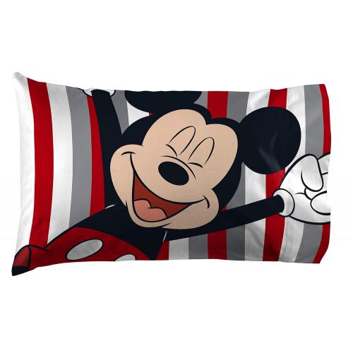  Jay Franco Disney Mickey Mouse Stripes 1 Pack Pillowcase - Double-Sided Kids Super Soft Bedding (Official Disney Product)