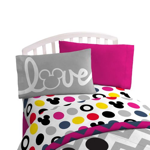  Jay Franco Disney Mickey Mouse Chevron & Dots 54 x 75 Full Sheet Set, Pink/Yellow/Black