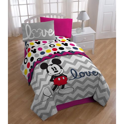  Jay Franco Disney Mickey Mouse Chevron & Dots 54 x 75 Full Sheet Set, Pink/Yellow/Black