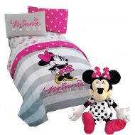 Jay Franco Disney Minnie Mouse Pink and Gray Reversible Twin Comforter and Sheet Set with Plush Minnie Mouse