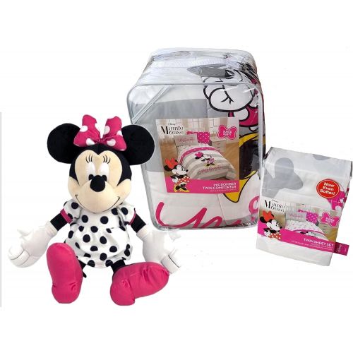  Jay Franco Disney Minnie Mouse Pink and Gray Reversible Twin Comforter and Sheet Set with Plush Minnie Mouse