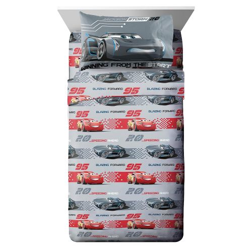  Jay Franco Disney/Pixar Cars 3 Movie Editorial Gray/Red 4 Piece Full Sheet Set with Lightning McQueen & Jackson Storm (Official Disney/Pixar Product)