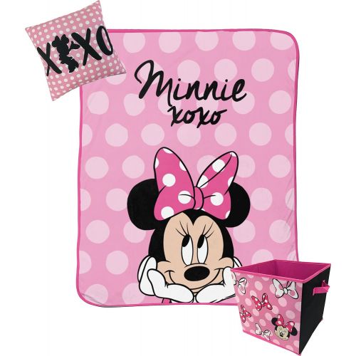  Jay Franco Disney Minnie Mouse XOXO Kids 3 Piece Plush Throw, Pillow & Collapsible Storage Box Set (Official Disney Product)