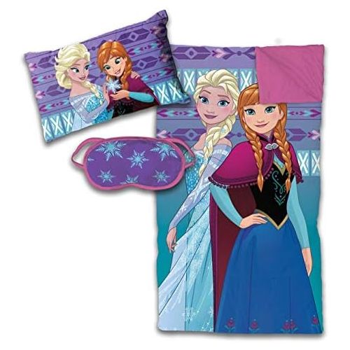  Jay Franco Disney Frozen 3 Piece Sleepover Set - Cozy & Warm Kids Slumber Bag with Pillow & Eye Mask Featuring Elsa and Anna (Official Disney Product)