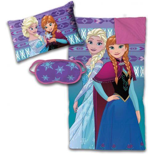  Jay Franco Disney Frozen 3 Piece Sleepover Set - Cozy & Warm Kids Slumber Bag with Pillow & Eye Mask Featuring Elsa and Anna (Official Disney Product)