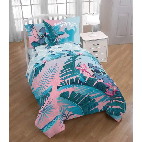  Jay Franco Disney Lilo & Stitch Floral Fun Twin Comforter & Sham Set - Super Soft Kids Reversible Bedding - Fade Resistant Microfiber (Official Disney Product)