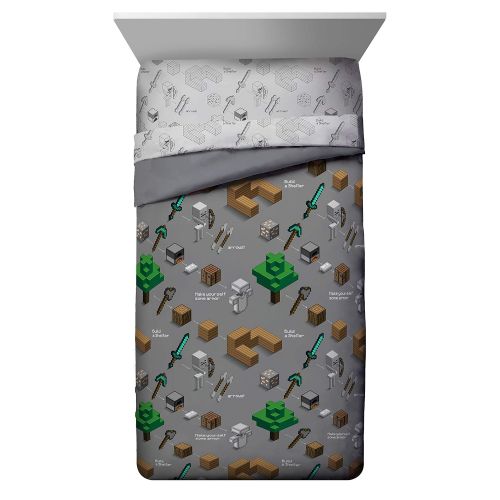  Jay Franco Minecraft Survive Twin Comforter - Super Soft Kids Reversible Bedding - Fade Resistant Polyester Microfiber Fill (Official Minecraft Product)