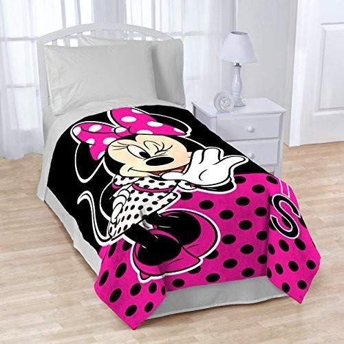  Jay Franco Disney Minnie Mouse All About Dots Fleece 62 x 90 Twin Blanket, Black/Pink