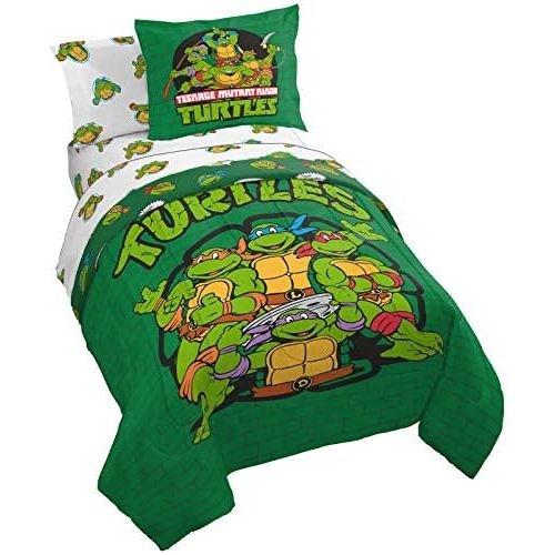  Jay Franco Nickelodeon Teenage Mutant Ninja Turtles Green Bricks 5 Piece Twin Bed Set - Includes Reversible Comforter & Sheet Set Bedding - Super Soft Fade Resistant Microfiber (Official Nick