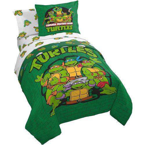  Jay Franco Nickelodeon Teenage Mutant Ninja Turtles Green Bricks 5 Piece Twin Bed Set - Includes Reversible Comforter & Sheet Set Bedding - Super Soft Fade Resistant Microfiber (Official Nick