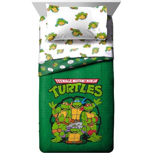  Jay Franco Nickelodeon Teenage Mutant Ninja Turtles Green Bricks 5 Piece Twin Bed Set - Includes Reversible Comforter & Sheet Set Bedding - Super Soft Fade Resistant Microfiber (Official Nick