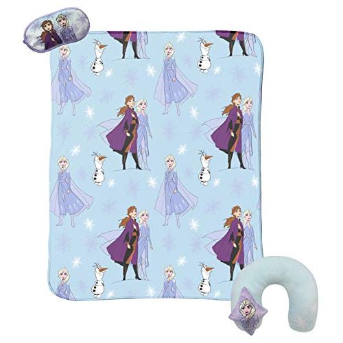  Jay Franco Disney Frozen 2 3 Piece Plush Kids Travel Set with Neck Pillow, Blanket & Eye Mask Featuring Elsa, Anna, & Olaf (Official Disney Prodcut)