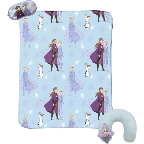  Jay Franco Disney Frozen 2 3 Piece Plush Kids Travel Set with Neck Pillow, Blanket & Eye Mask Featuring Elsa, Anna, & Olaf (Official Disney Prodcut)