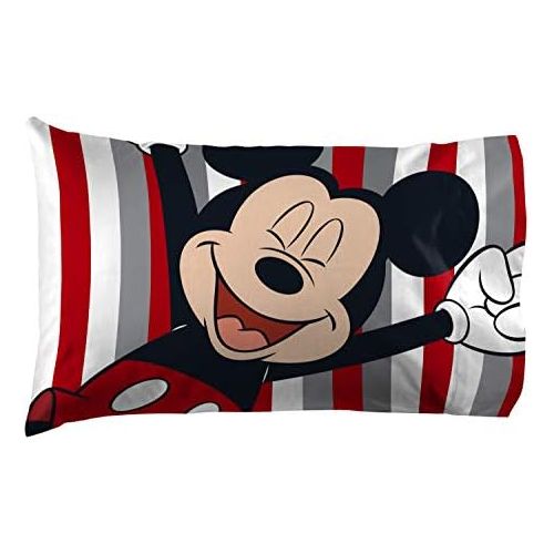  Jay Franco Disney Mickey Mouse Stripes 1 Pack Pillowcase Double Sided Kids Super Soft Bedding (Official Disney Product)