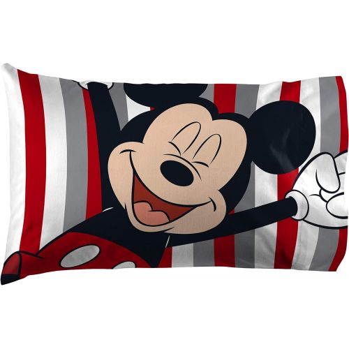  Jay Franco Disney Mickey Mouse Stripes 1 Pack Pillowcase Double Sided Kids Super Soft Bedding (Official Disney Product)