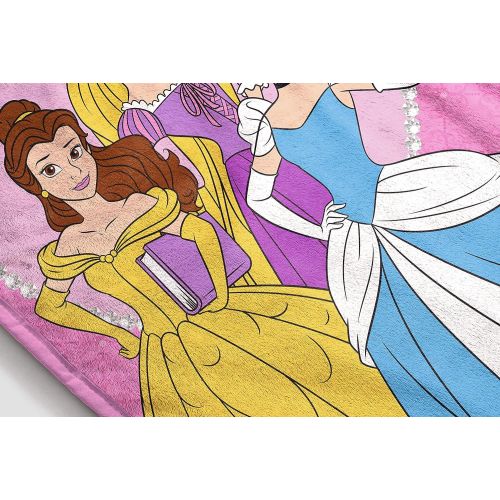  Jay Franco Disney Princess Tiara Jewels Raschel Blanket Measures 60 x 80 inches, Kids Bedding Features Princess Belle, Cinderella, & Rapunzel Fade Resistant Super Soft (Offic